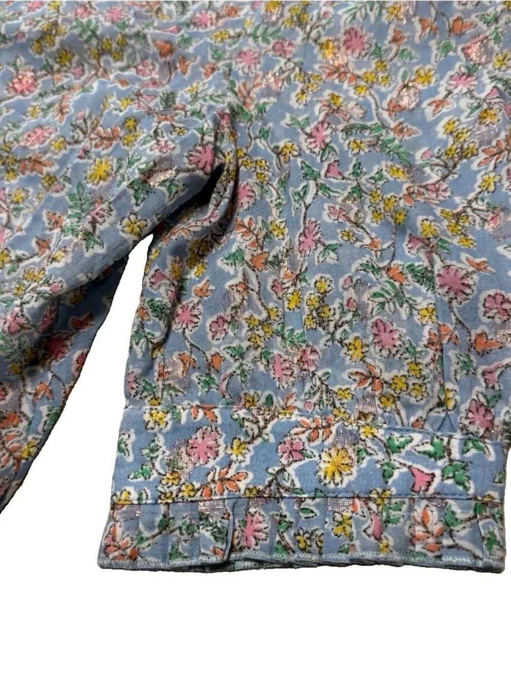 Democracy Light Blue Floral Ruffle-Neck Blouse